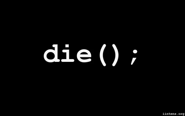 A minimalist HD wallpaper featuring the programming command die(); on a black background, reflecting themes of Unix, technology, and Linux.