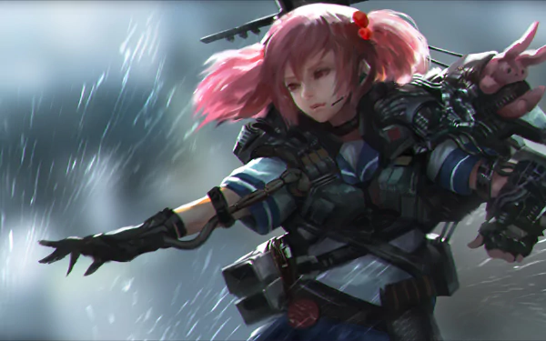 HD PC desktop wallpaper featuring Sazanami from Kantai Collection, depicted in anime style with dynamic rain and motion effects.