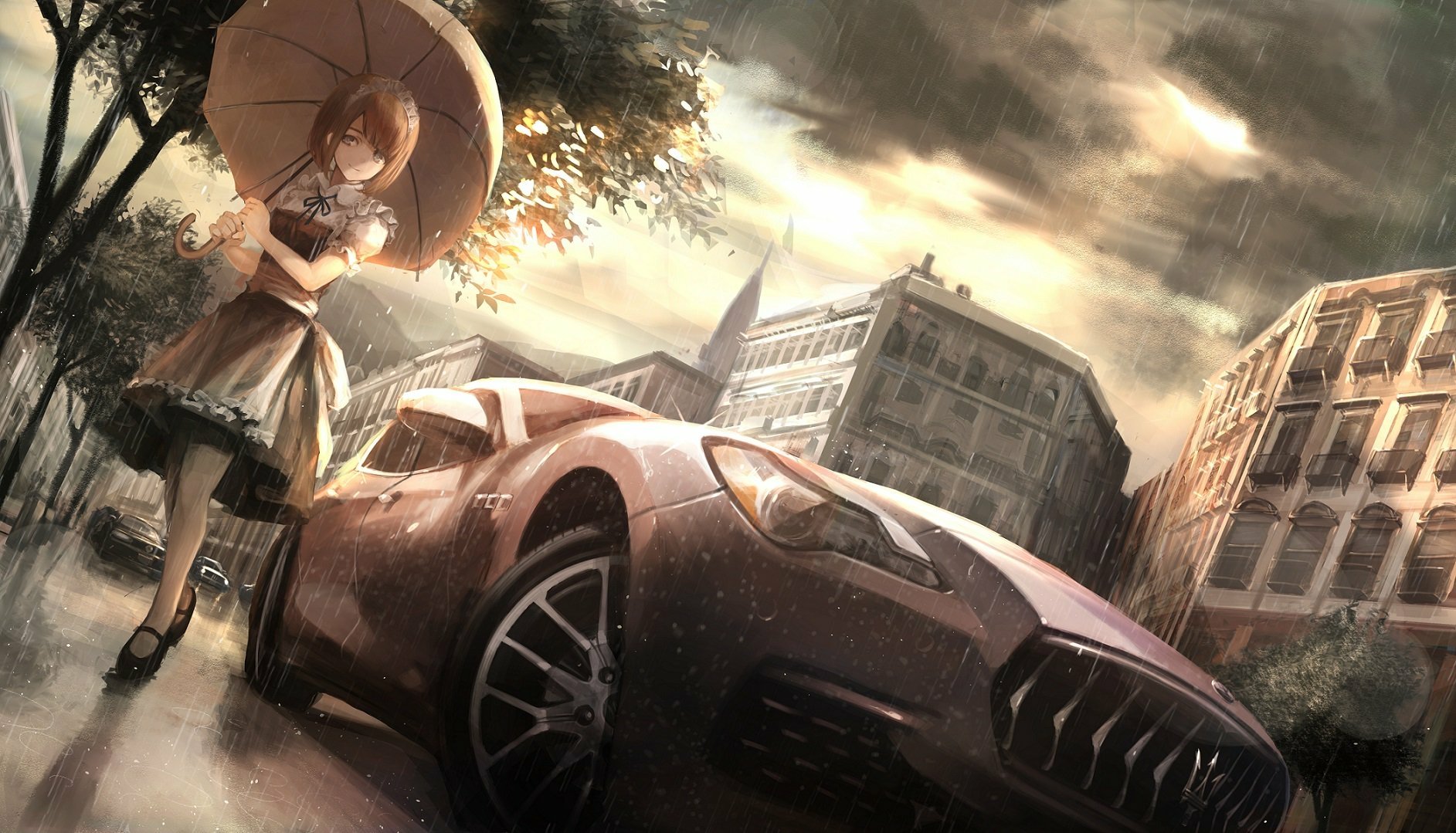 Anime-inspired HD wallpaper featuring a girl with an umbrella standing near a sleek car amidst a moody urban backdrop. Original artwork captures a unique blend of style and atmosphere.