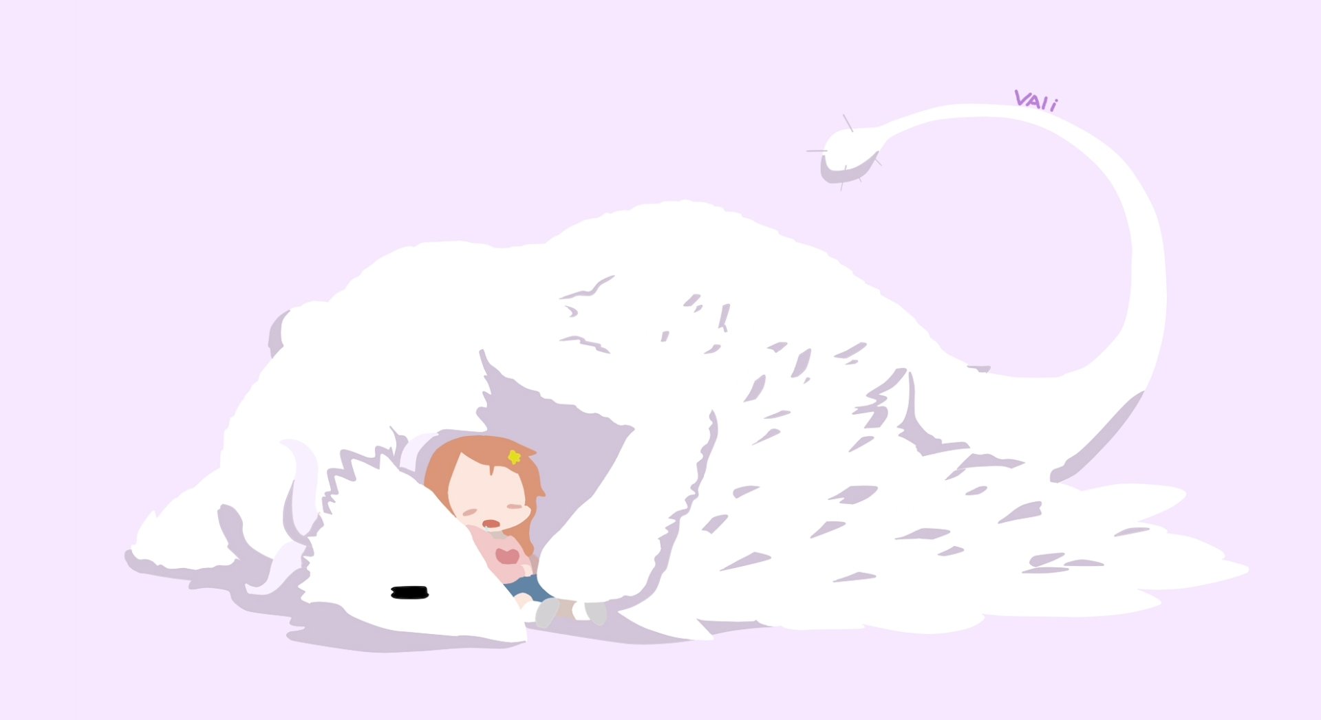 Minimalist HD PC desktop wallpaper of Tohru and Kobayashi from the anime Miss Kobayashi’s Dragon Maid, featuring soft pastel tones and simple shapes on a light purple background.