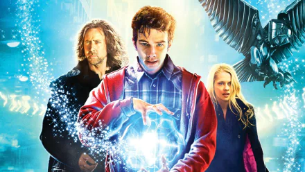 HD desktop wallpaper featuring Teresa Palmer, Jay Baruchel, and Nicolas Cage from the movie The Sorcerer's Apprentice with magical and mystical visual effects.