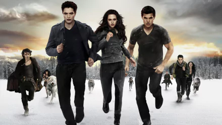 HD wallpaper from 'The Twilight Saga: Breaking Dawn - Part 2' featuring Jacob Black (Taylor Lautner), Edward Cullen (Robert Pattinson), and Bella Swan (Kristen Stewart) running with other characters.