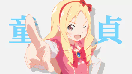 HD anime desktop wallpaper featuring Elf Yamada from EroManga-Sensei with a playful expression and a bright blue Japanese character background.