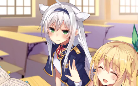 Anime HD wallpaper featuring Rumia Tingel and Sistine Fibel from Rokudenashi Majutsu Koushi to Akashic Records, set in a classroom with playful expressions.