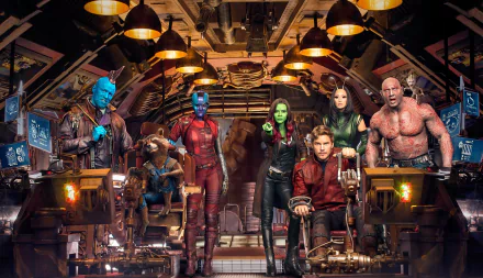 HD wallpaper of Guardians of the Galaxy Vol. 2 characters, including Star Lord, Gamora, Drax, Rocket Raccoon, Groot, Mantis, Nebula, and Yondu, in a spaceship setting.