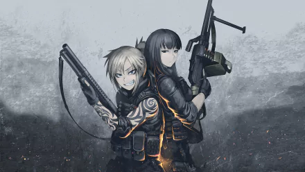 HD anime desktop wallpaper featuring two tattooed military characters back-to-back, each holding a gun, set against a smoky, textured background.