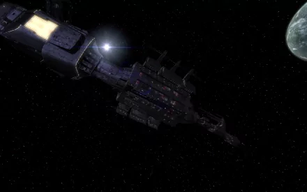 Sci-Fi HD PC desktop wallpaper background showing a massive spaceship drifting past a distant planet against a starfield.