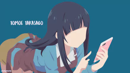 HD desktop wallpaper of Tomoe Takasago from EroManga-Sensei — faceless anime schoolgirl in uniform using a pink smartphone on teal background.