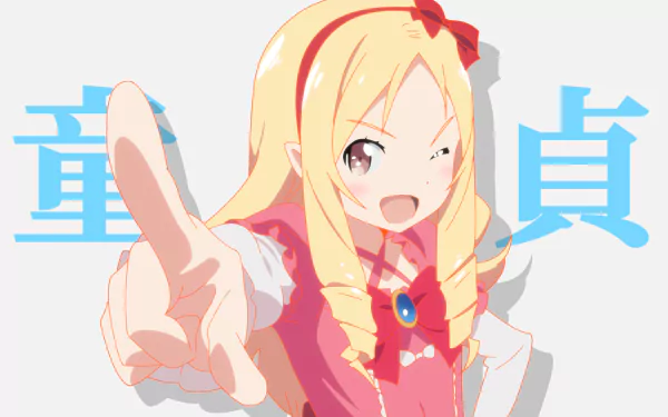 HD anime desktop wallpaper featuring Elf Yamada from EroManga-Sensei with a playful expression and a bright blue Japanese character background.