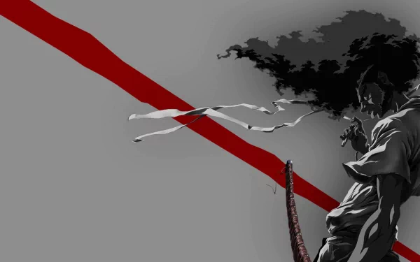 A striking HD wallpaper featuring a samurai from Afro Samurai, set against a minimalist gray background with a bold red streak, capturing the essence of action and artistry.