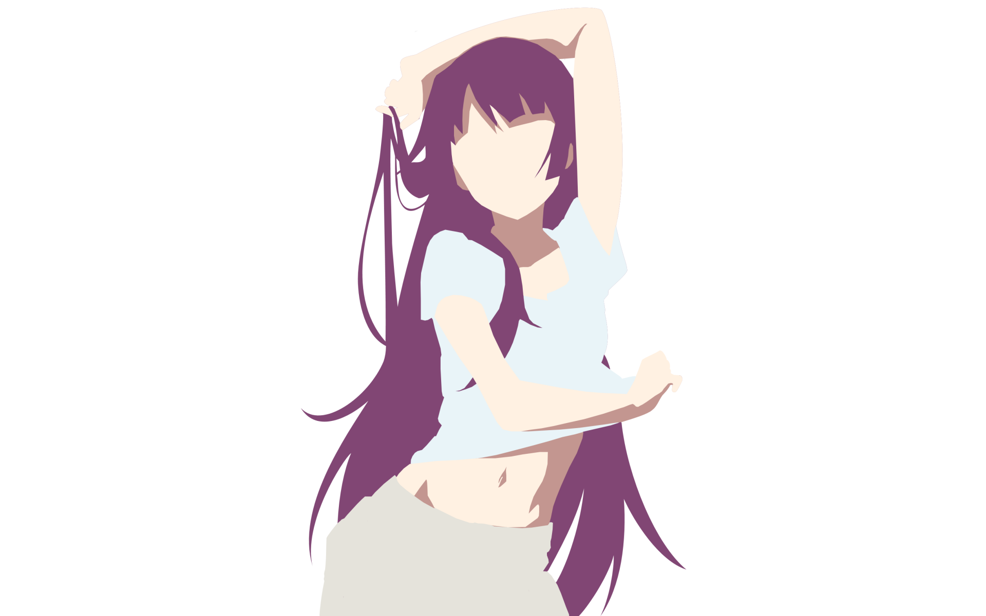 2K Quad HD PC desktop wallpaper of Hitagi Senjōgahara (Monogatari series), anime-style minimalist illustration with long purple hair, cropped top and a relaxed pose with raised arms.