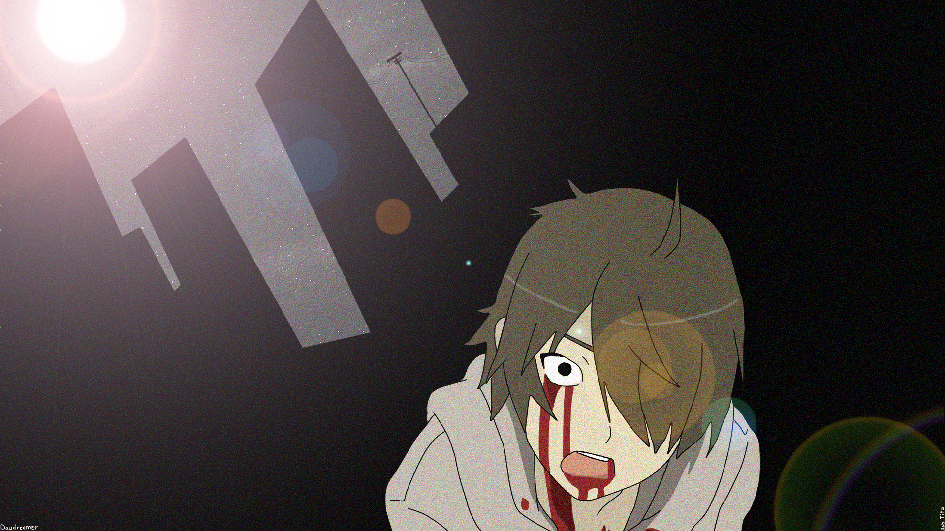 HD PC desktop wallpaper and background: Koyomi Araragi (Monogatari) bloodied and wounded, one eye obscured by hair, against a dark city skyline with lens flare.