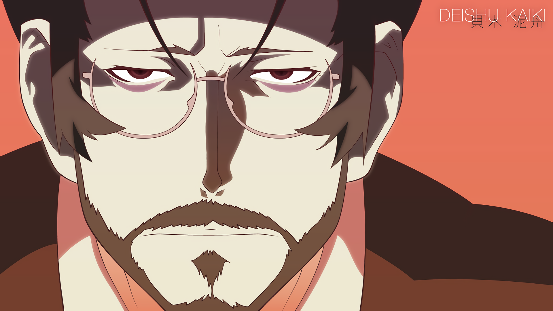 Close-up of Deishuu Kaiki from the Monogatari series: serious, bespectacled, bearded anime portrait on an orange background — HD PC desktop wallpaper/background.