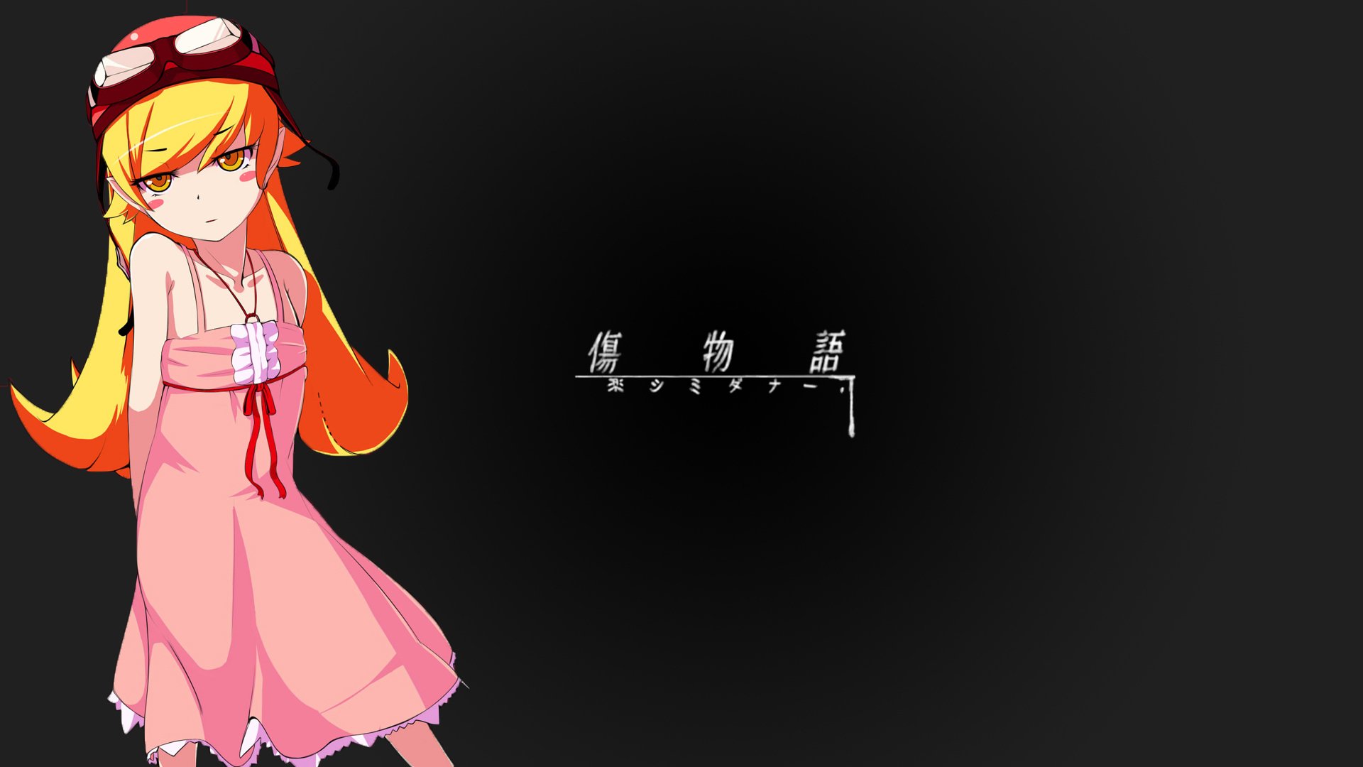 HD PC desktop wallpaper/background of Shinobu Oshino from the Monogatari series: anime character in a pink dress and goggles at left on a dark backdrop with the series title centered.