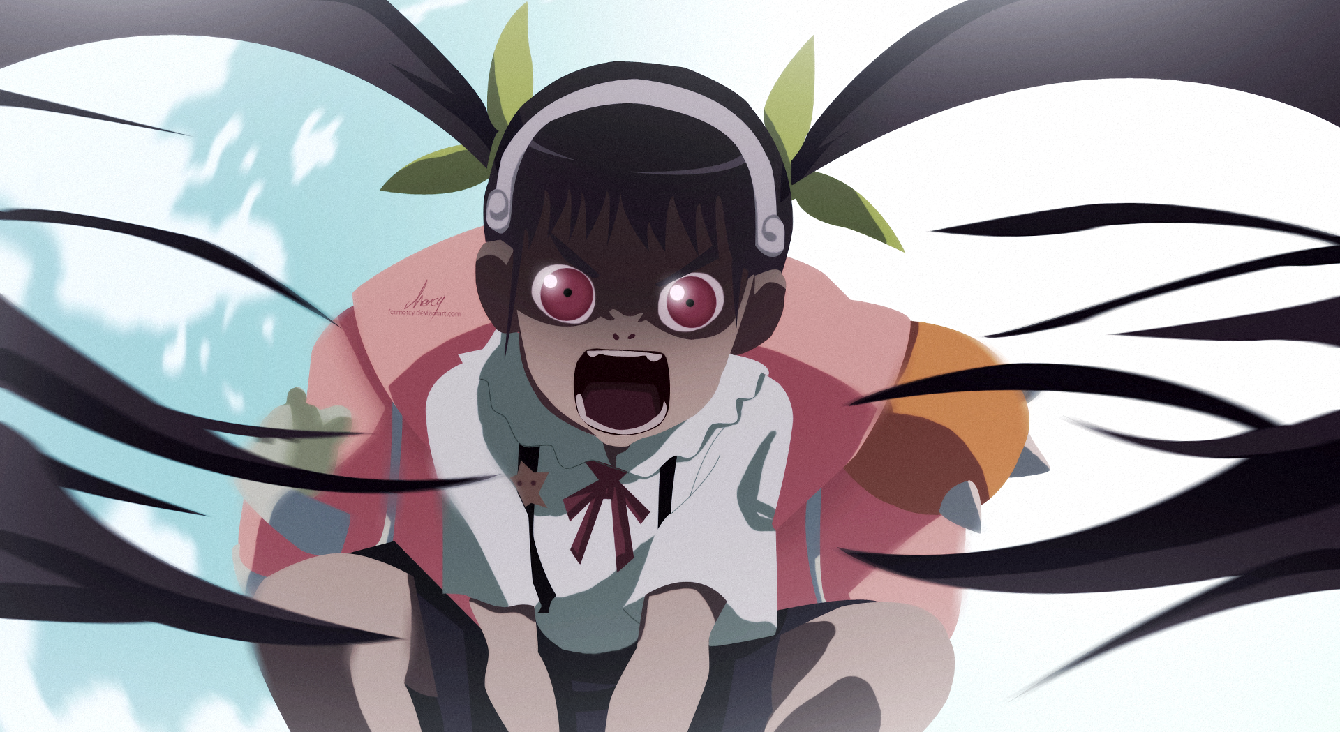 HD PC desktop wallpaper of Mayoi Hachikuji from Monogatari (Series) — anime portrait: wide-eyed scream, ribbons and backpack, shadowy black streaks across a bright sky background.