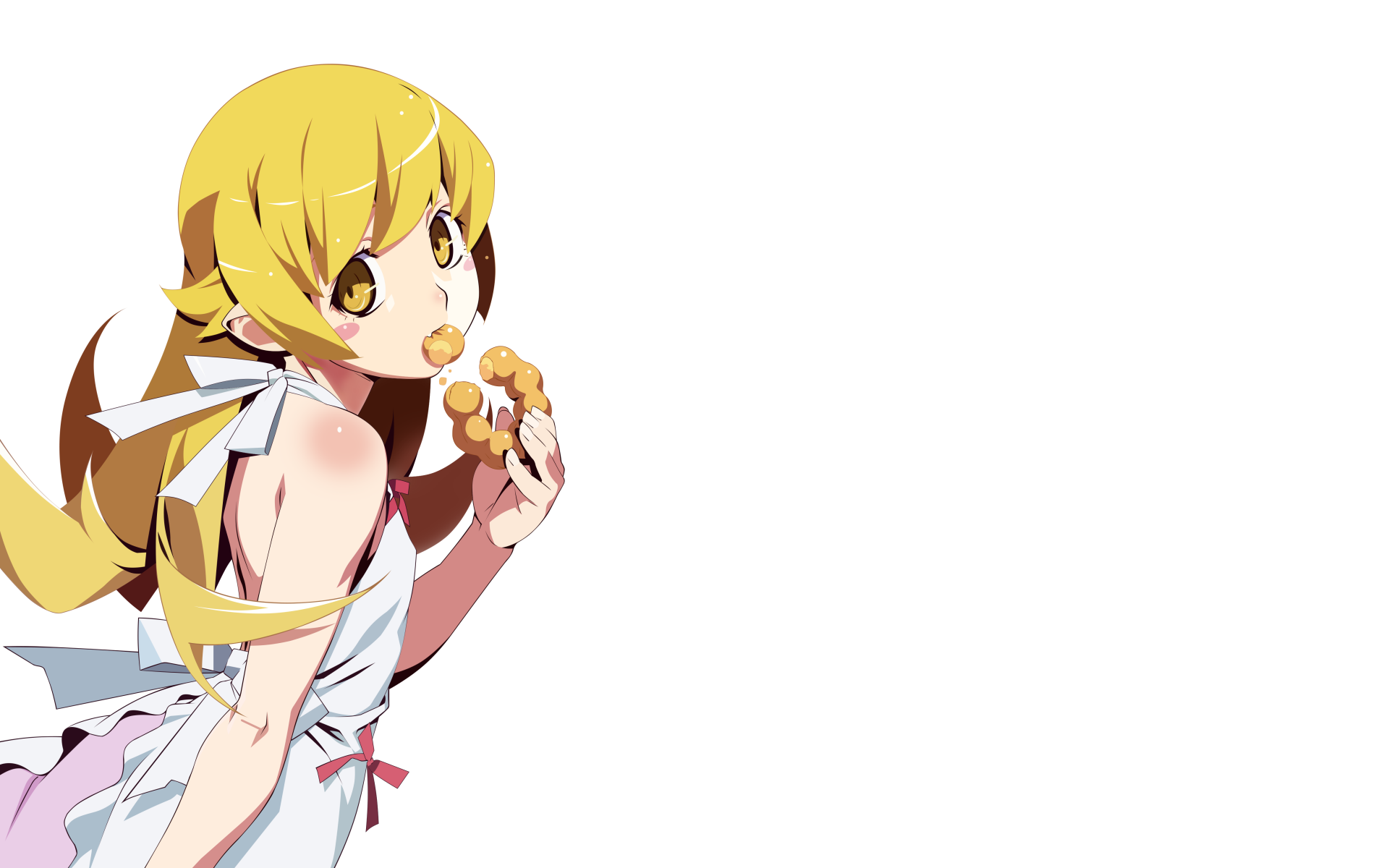 Shinobu Oshino from the Monogatari series, anime 5K Ultra HD PC desktop wallpaper: blonde girl in an apron eating a cookie against a white background.