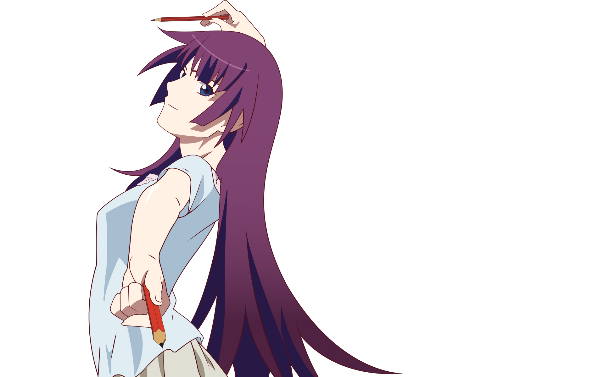 Hitagi Senjōgahara from Monogatari — purple-haired anime girl holding a red stationery item against a white background; 5K Ultra HD PC desktop wallpaper/background.