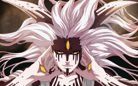 HD PC desktop wallpaper featuring Momoshiki Ōtsutsuki from the anime Boruto, showcasing his striking white hair and ominous golden eyes.