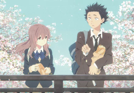 Anime characters Shouya Ishida and Shouko Nishimiya stand together, holding snacks, surrounded by cherry blossoms. This HD desktop wallpaper is inspired by the movie A Silent Voice.