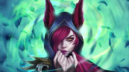 HD desktop wallpaper featuring Xayah from League of Legends with purple hair, yellow eyes, lipstick, and animal ears set against a vibrant, swirling green background.