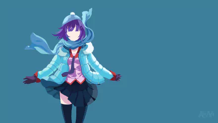 4K Ultra HD PC wallpaper featuring Hitagi Senjōgahara from the Monogatari series in a winter outfit against a simple blue background.