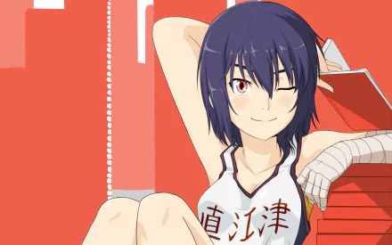 HD PC desktop wallpaper of Suruga Kanbaru from the Monogatari series, featuring her with short dark hair, winking and wearing a sports jersey against a solid orange background.