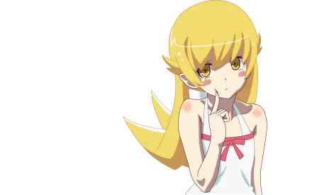 Shinobu Oshino from the Monogatari series, depicted in a 4K Ultra HD anime-style desktop wallpaper with a thoughtful expression and white outfit accented by a red ribbon.