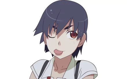 Suruga Kanbaru, anime character from Monogatari (Series), smirking with tongue out and short dark hair — 4K Ultra HD PC desktop wallpaper background.