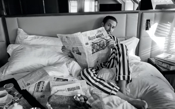 bed feet pajamas newspaper Black &amp; White Canadian actor Celebrity Ryan Gosling HD Desktop Wallpaper | Background Image