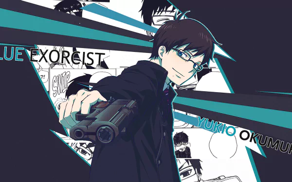 HD PC desktop wallpaper of Yukio Okumura from Blue Exorcist, aiming a handgun toward the viewer against a teal-and-navy stylized background with logo and panel sketches.
