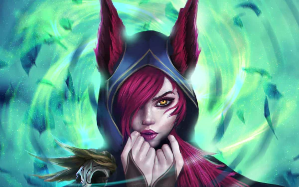 HD desktop wallpaper featuring Xayah from League of Legends with purple hair, yellow eyes, lipstick, and animal ears set against a vibrant, swirling green background.
