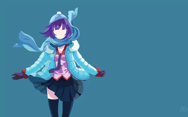 4K Ultra HD PC wallpaper featuring Hitagi Senjōgahara from the Monogatari series in a winter outfit against a simple blue background.