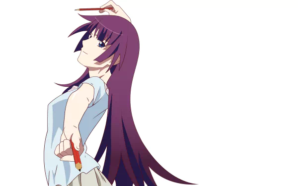 Hitagi Senjōgahara from Monogatari — purple-haired anime girl holding a red stationery item against a white background; 5K Ultra HD PC desktop wallpaper/background.