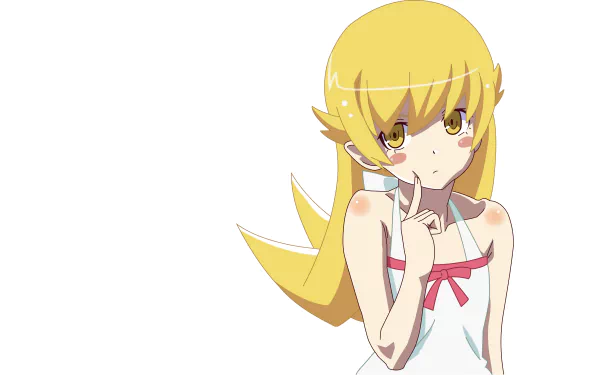 Shinobu Oshino from the Monogatari series, depicted in a 4K Ultra HD anime-style desktop wallpaper with a thoughtful expression and white outfit accented by a red ribbon.