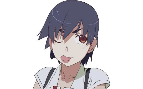 Suruga Kanbaru, anime character from Monogatari (Series), smirking with tongue out and short dark hair — 4K Ultra HD PC desktop wallpaper background.