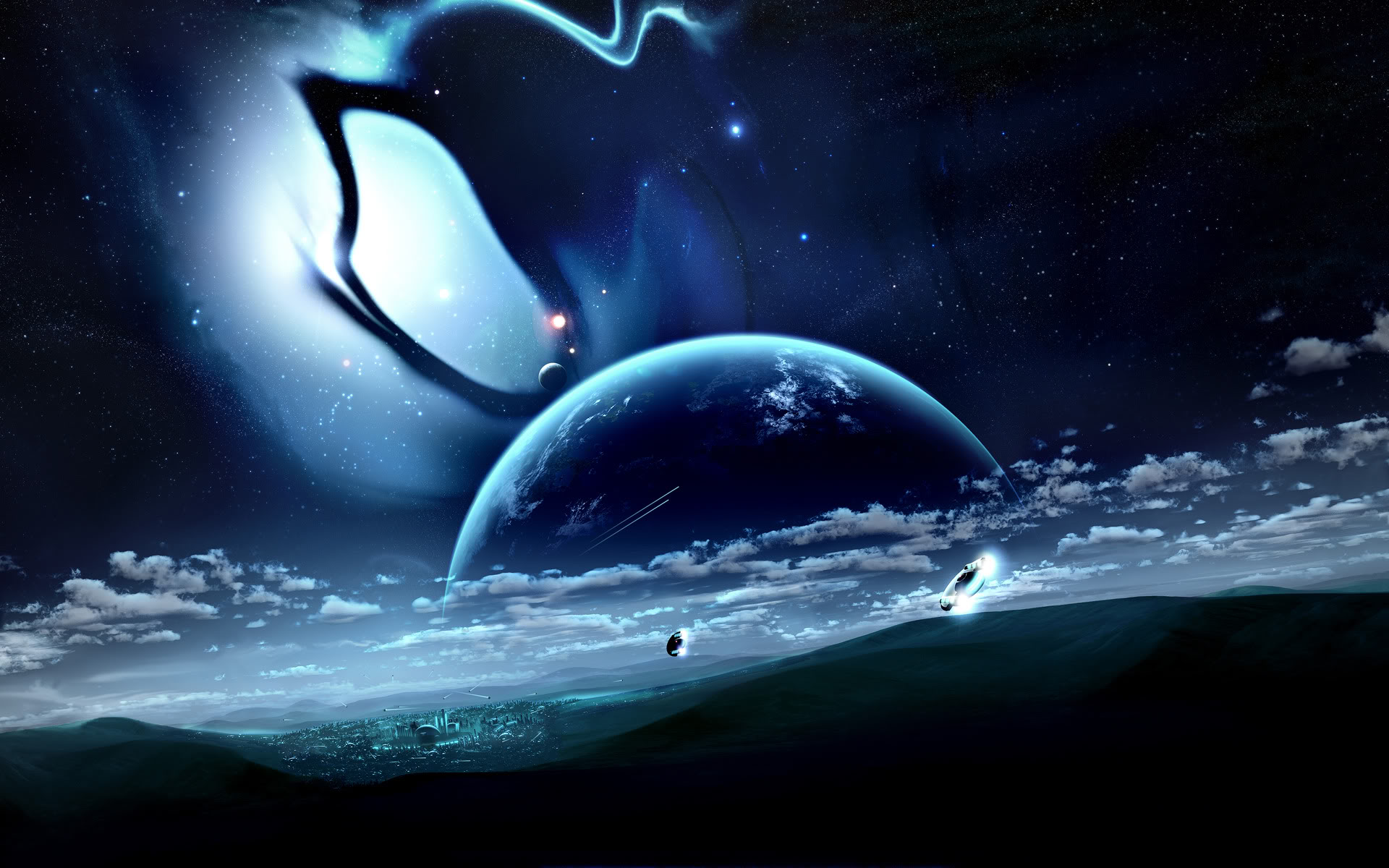 Robot explores space with planet, ship, Stargate, Metal Gear Solid, and road in HD desktop wallpaper.