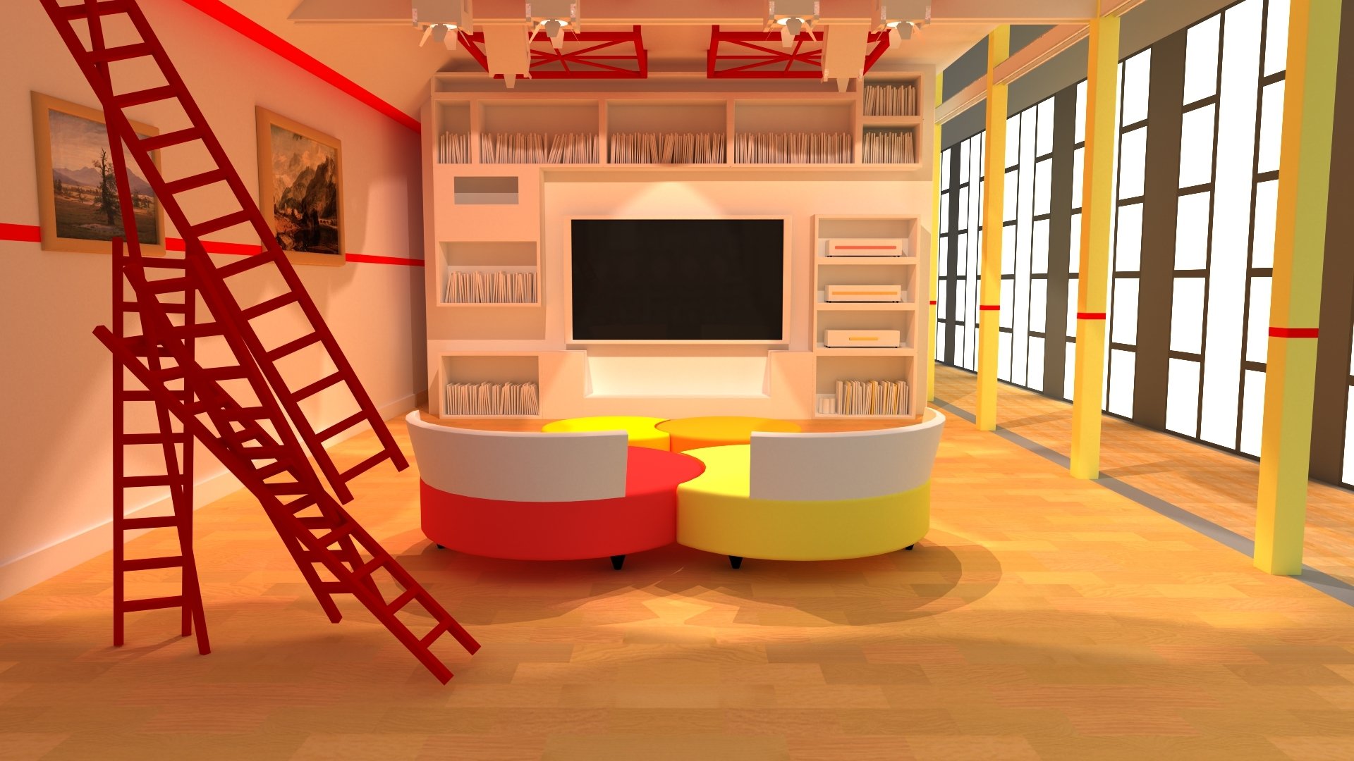 HD PC desktop wallpaper featuring a bright, modern interior with colorful seating and a large screen, inspired by the Monogatari anime series.
