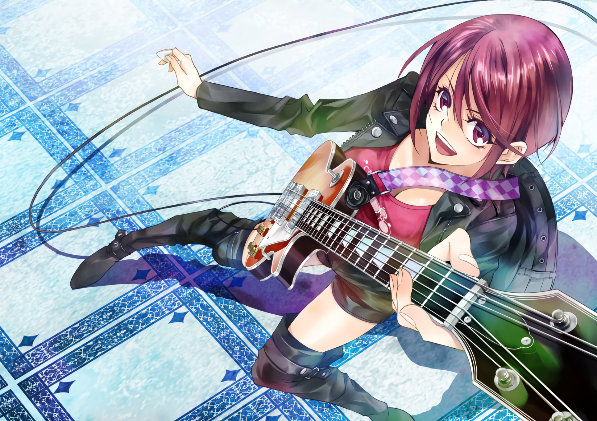 Anime-style HD wallpaper featuring Fuuka Aoi from Fuuka holding an electric guitar with a dynamic and energetic pose.