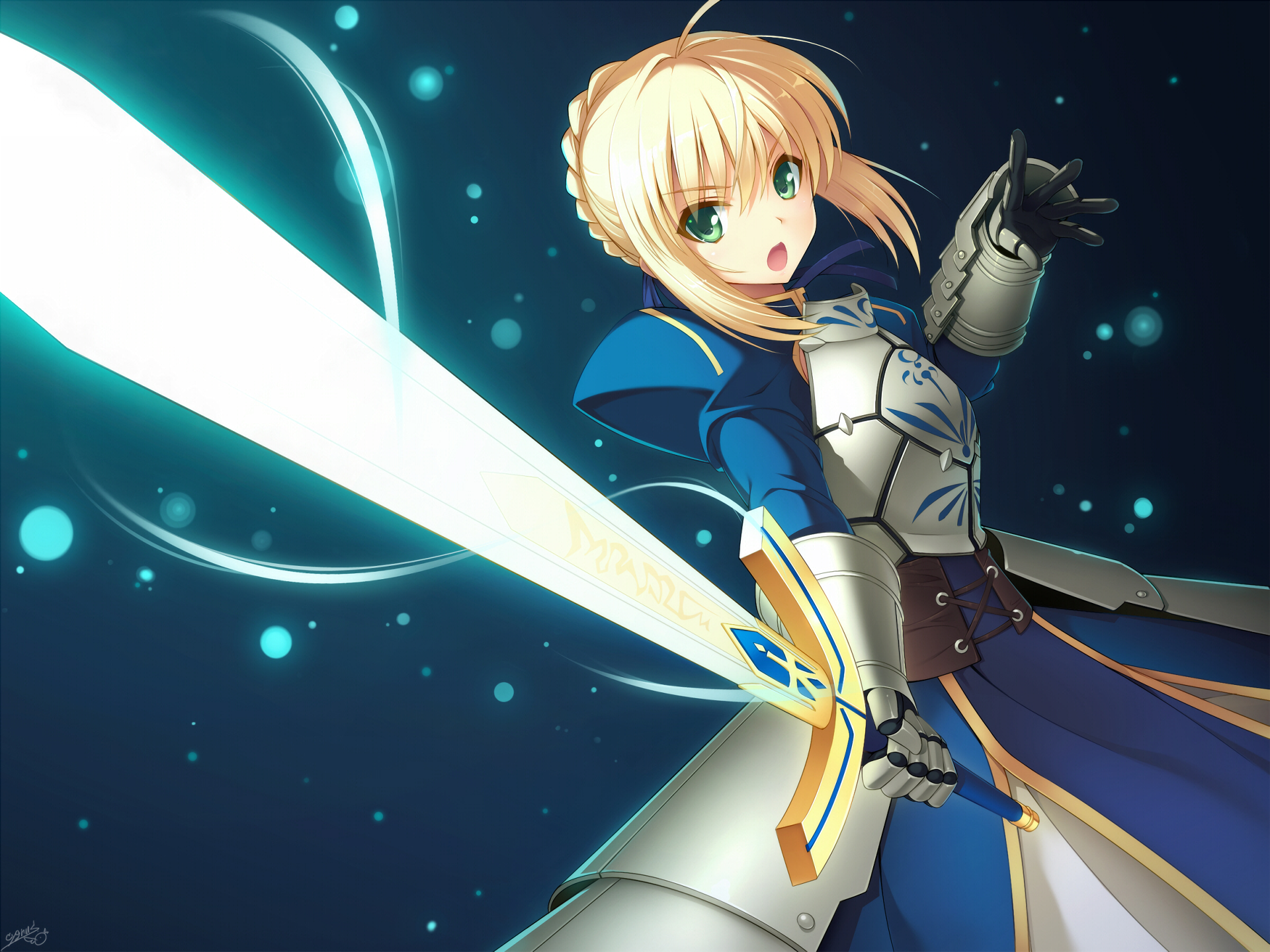 HD PC wallpaper of Saber from Fate/Stay Night, depicted in anime style wielding her glowing sword against a dark, starry background.