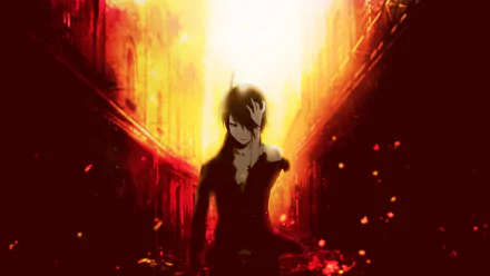 HD PC desktop wallpaper featuring Koyomi Araragi from the Monogatari anime series, set against a fiery, glowing urban background.
