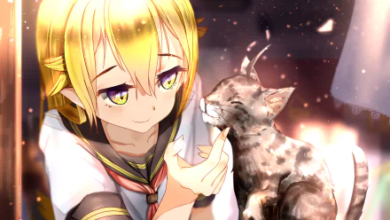 A vibrant HD desktop wallpaper featuring Shinobu Oshino from the Monogatari series, showcasing her playful interaction with a cat, surrounded by a warm, glowing atmosphere.