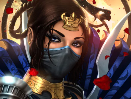 HD desktop wallpaper featuring Kitana from Mortal Kombat, an oriental woman warrior with blue eyes, brown hair, and a mask. She is holding a weapon with an intricate background and red flower petals.