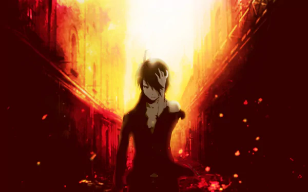 HD PC desktop wallpaper featuring Koyomi Araragi from the Monogatari anime series, set against a fiery, glowing urban background.