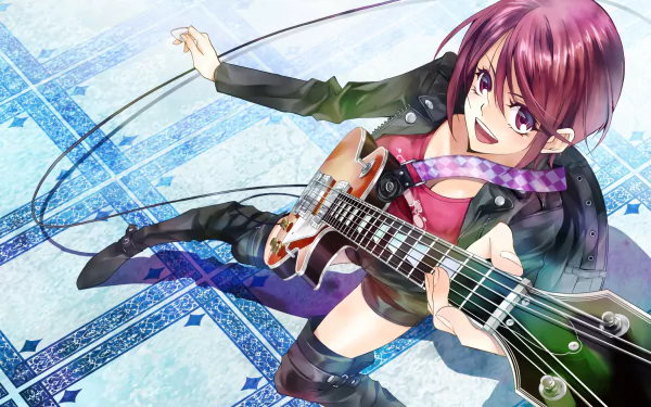 Anime-style HD wallpaper featuring Fuuka Aoi from Fuuka holding an electric guitar with a dynamic and energetic pose.