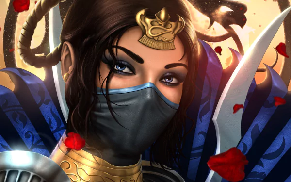 HD desktop wallpaper featuring Kitana from Mortal Kombat, an oriental woman warrior with blue eyes, brown hair, and a mask. She is holding a weapon with an intricate background and red flower petals.