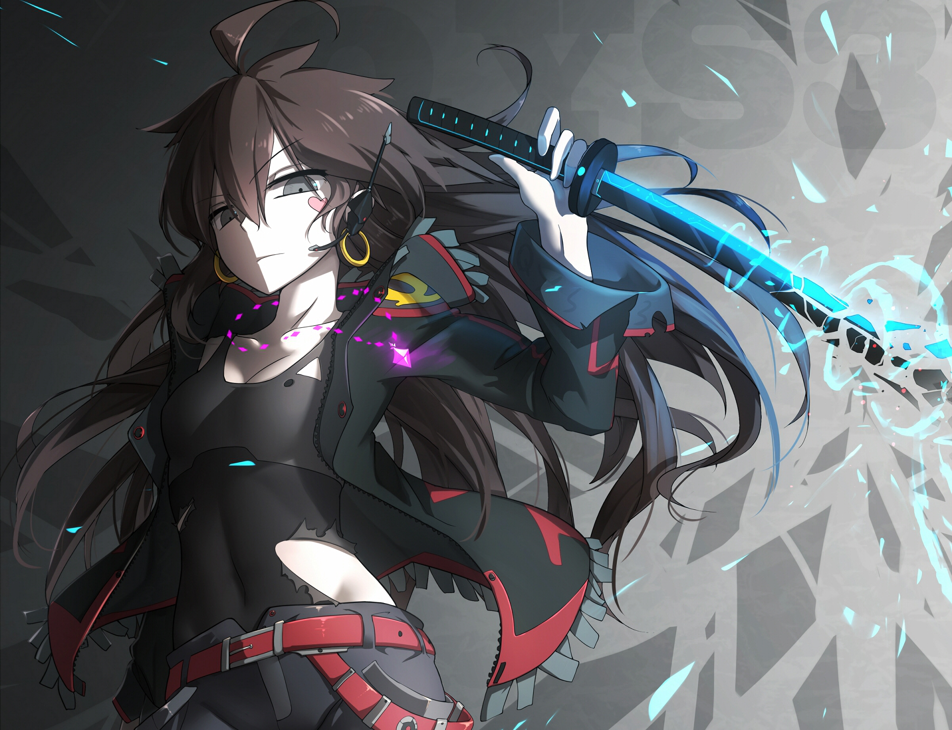 A dynamic HD desktop wallpaper featuring an anime character from Pixiv Fantasia T, holding a glowing blue sword, with long flowing hair and a confident expression.