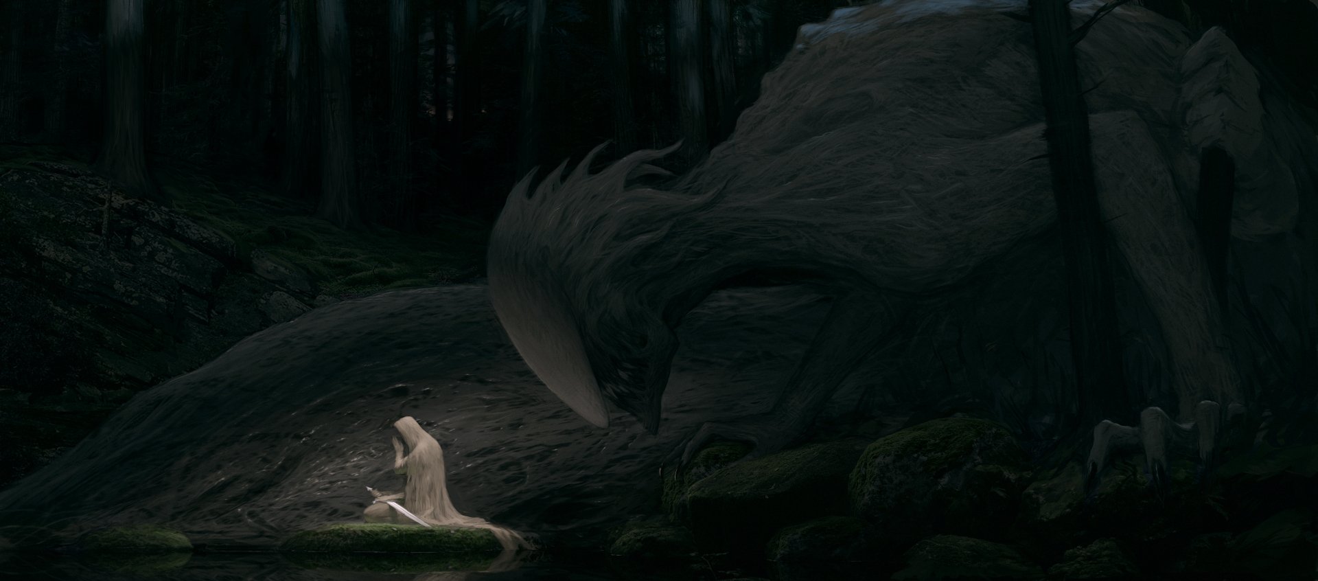 A dark fantasy 4K Ultra HD wallpaper showing a giant creature looming over a cloaked figure holding a sword in a shadowy forest.