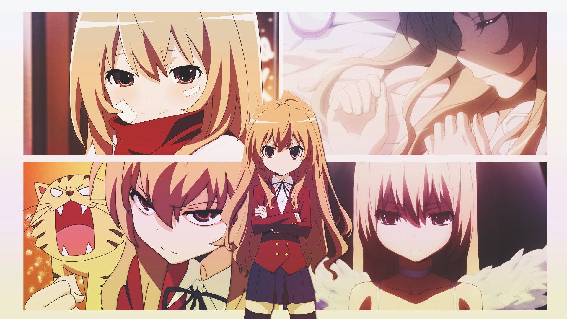 HD PC desktop wallpaper featuring Taiga Aisaka from the anime Toradora! with multiple expressive scenes in a collage layout.