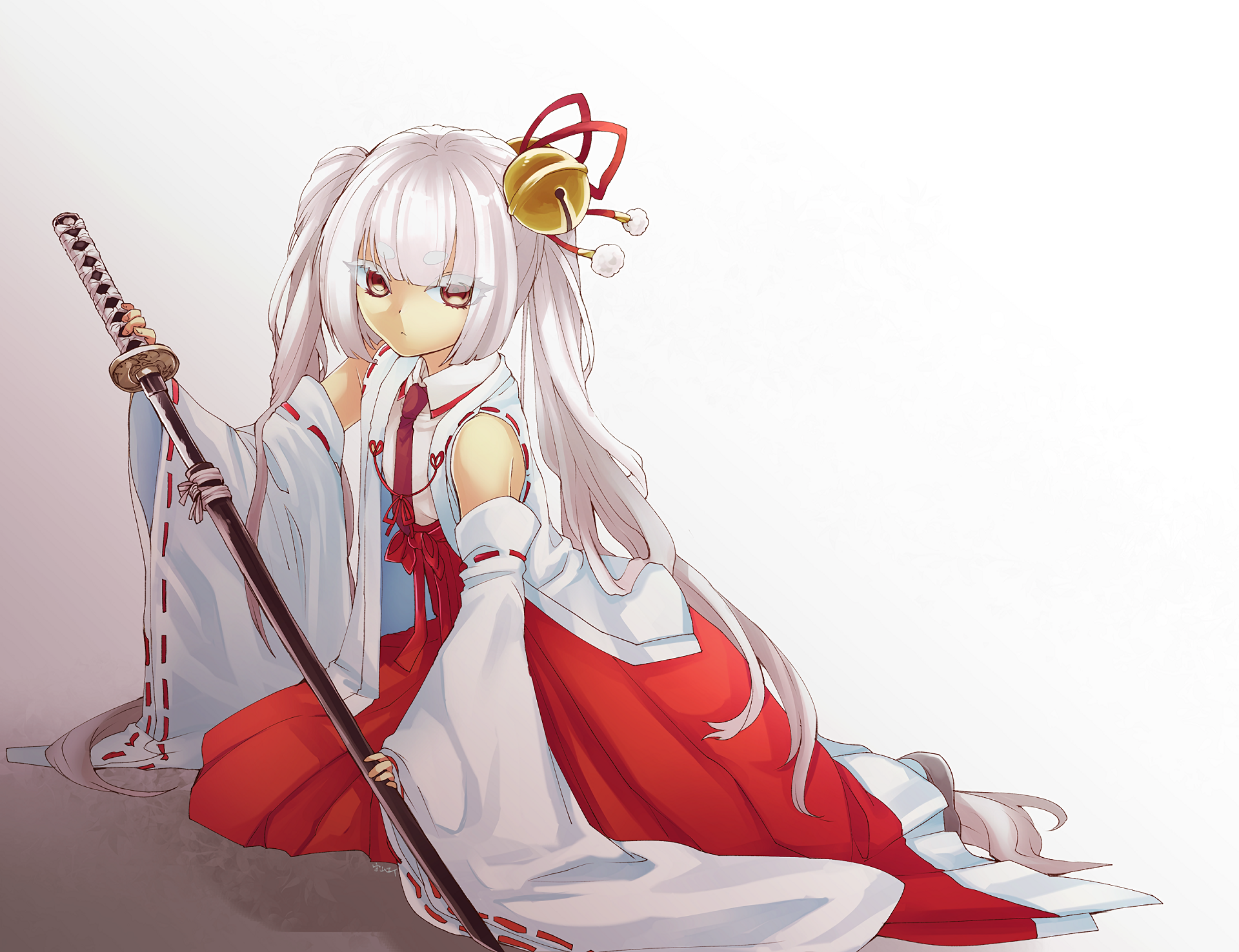 HD anime desktop wallpaper featuring Tsukuyo Inaba from Armed Girl's Machiavellism, depicted in a traditional outfit holding a katana against a light background.
