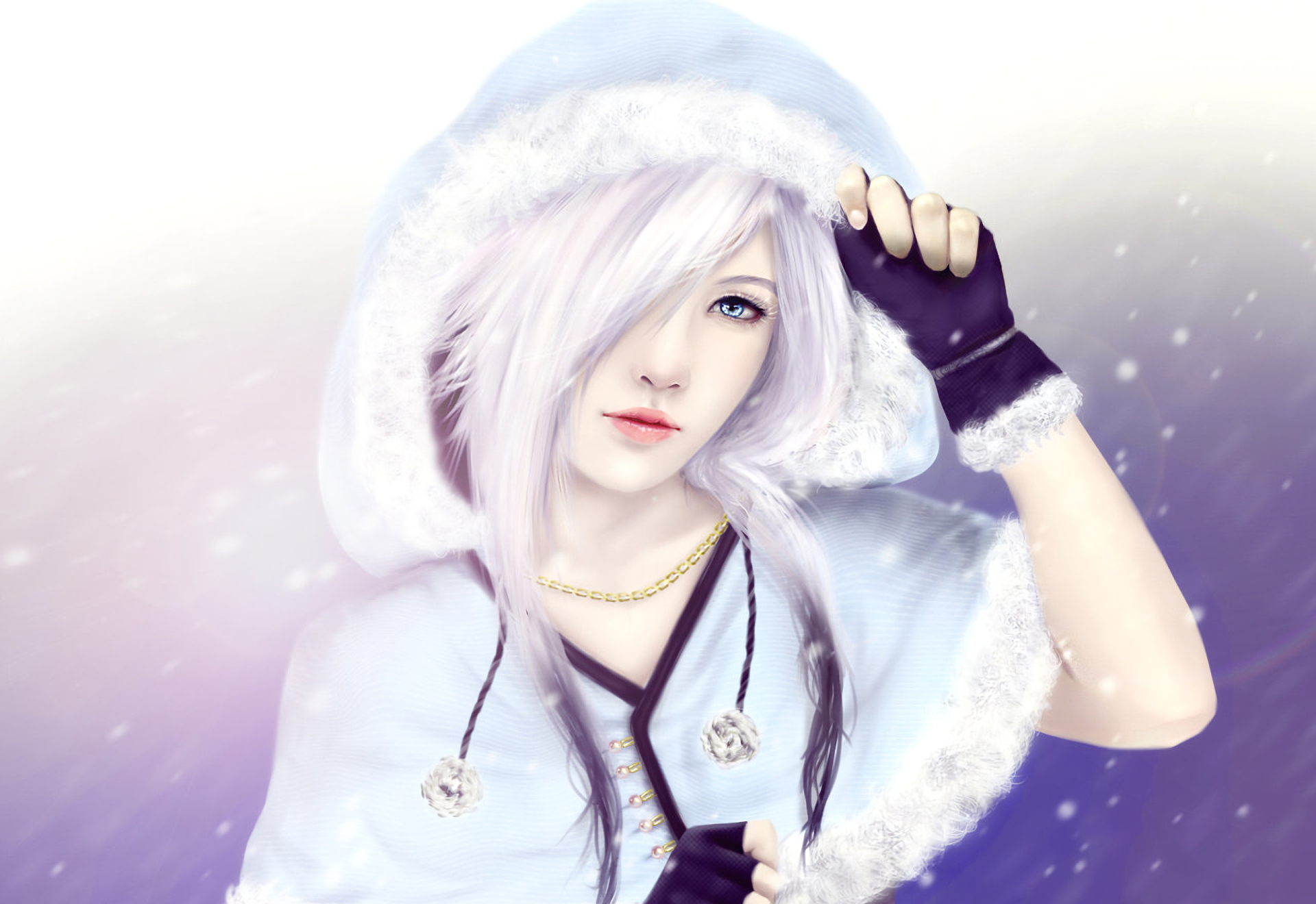 A fantasy woman with pink hair and blue eyes, wearing a fur-trimmed hood and gloves, stands in a snowy landscape. Snowfall surrounds her in this HD winter-themed desktop wallpaper and background.
